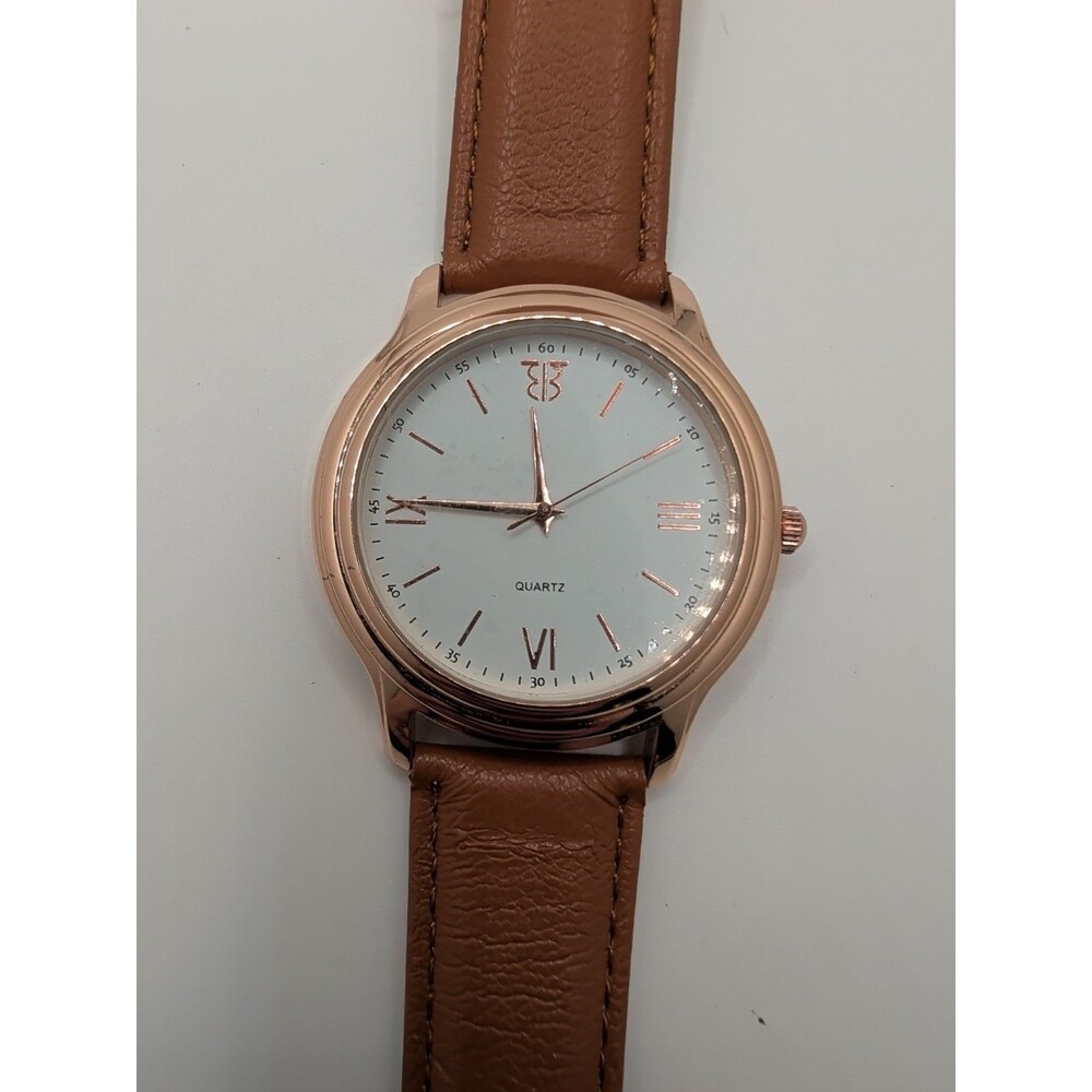 Men quartz Japan Mvt analog watch 44mm rose gold tone brown leather Band running